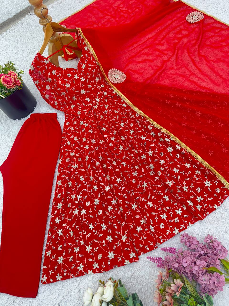 Red heavy blooming georgette with heavy embroidery Anarkali Gown