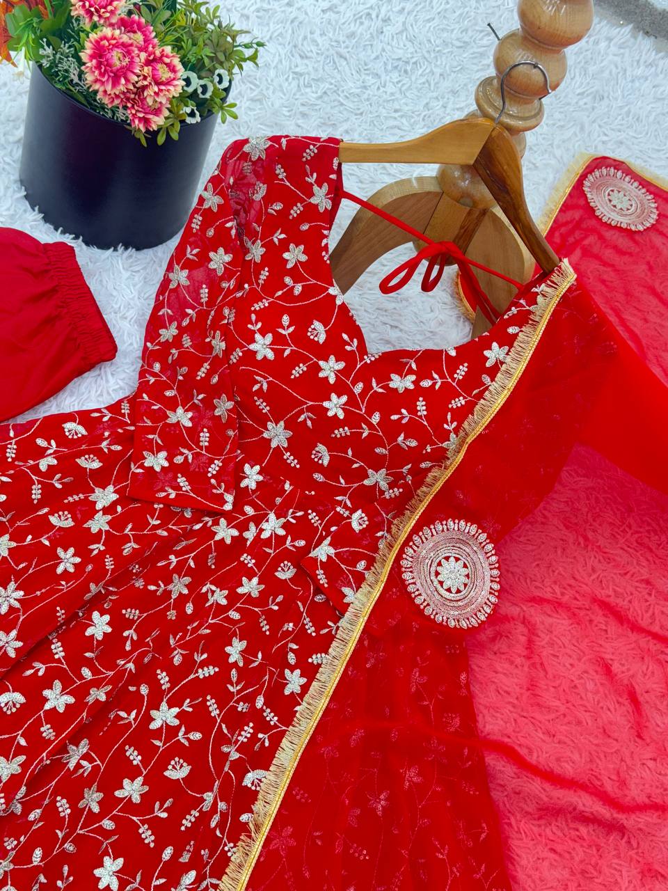 Red heavy blooming georgette with heavy embroidery Anarkali Gown