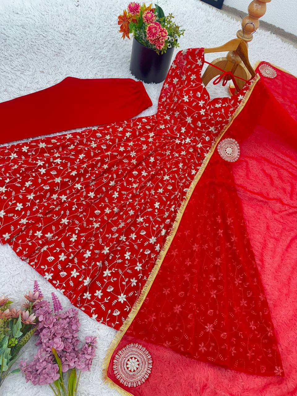 Red heavy blooming georgette with heavy embroidery Anarkali Gown