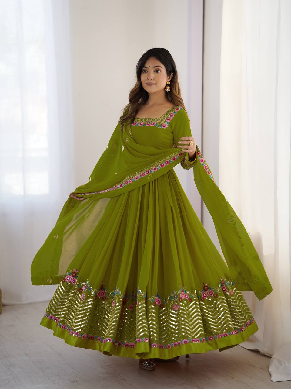 Mehndi heavy georgette embroidered sequence anarkali three piece set