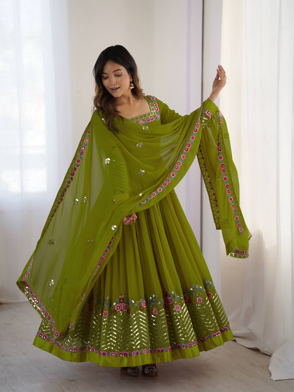 Mehndi heavy georgette embroidered sequence anarkali three piece set