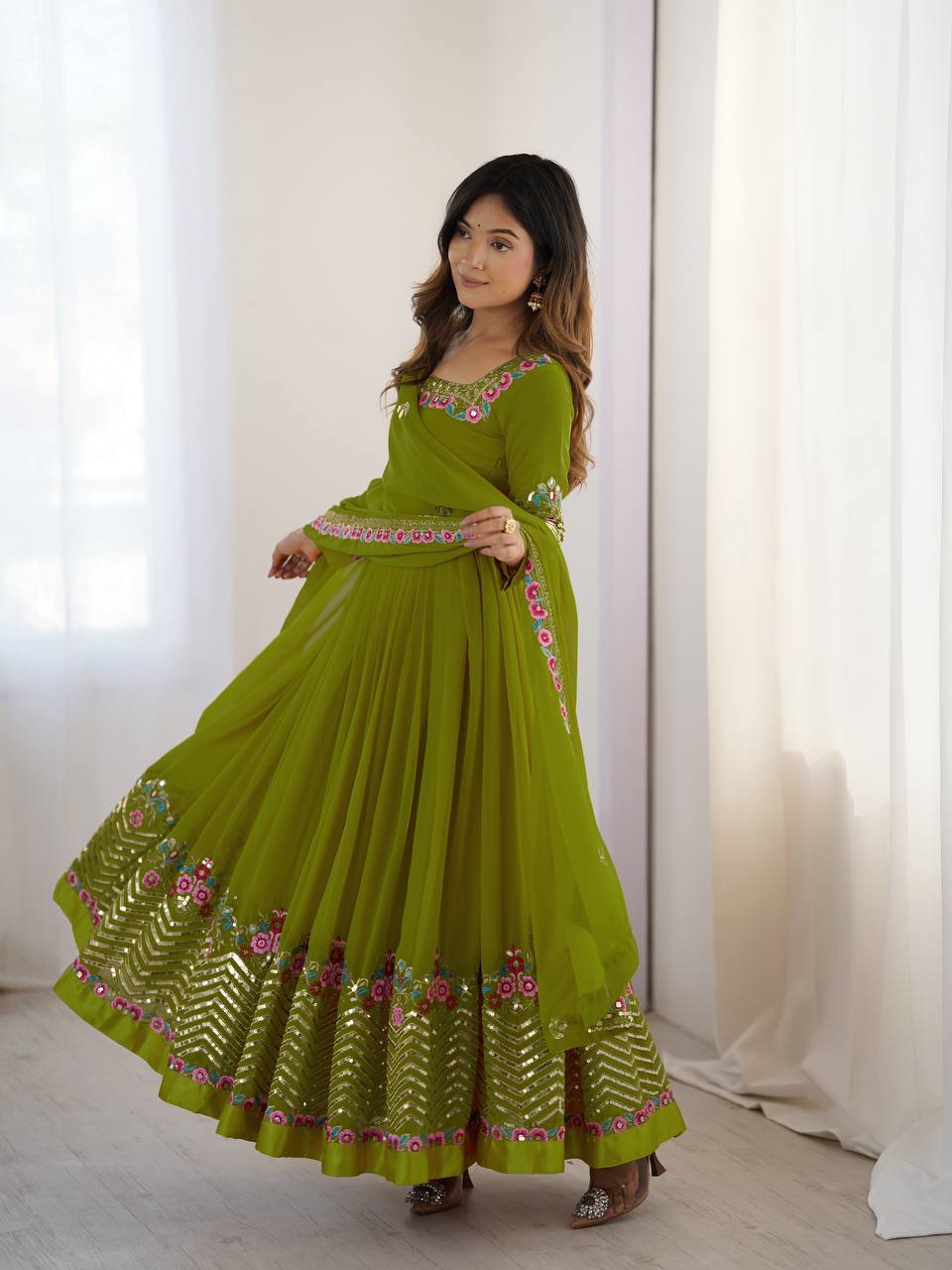 Mehndi heavy georgette embroidered sequence anarkali three piece set