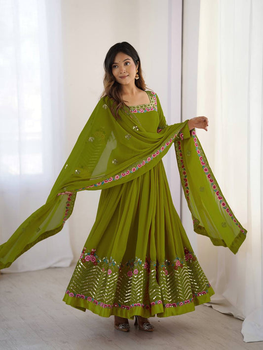 Mehndi heavy georgette embroidered sequence anarkali three piece set