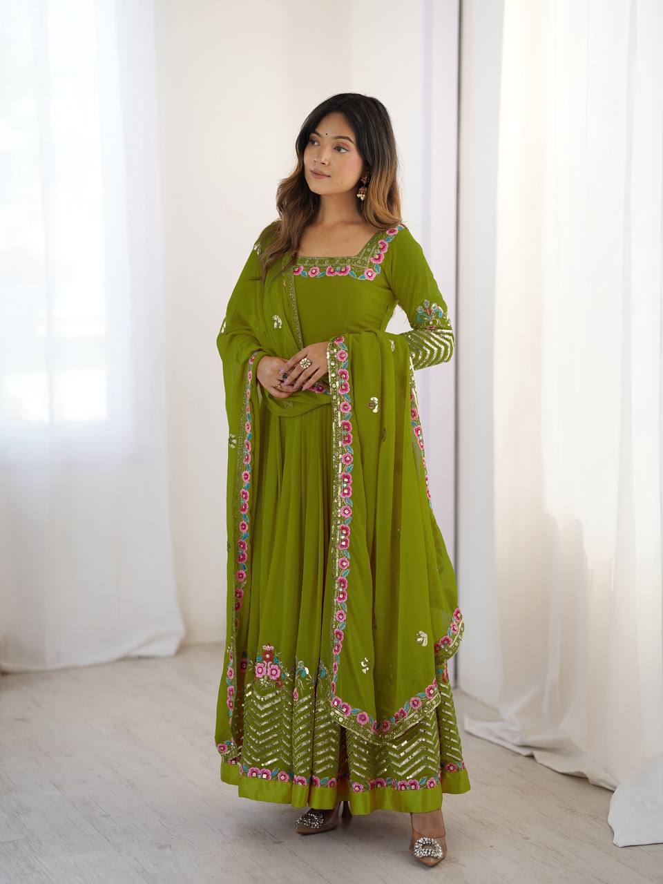 Mehndi heavy georgette embroidered sequence anarkali three piece set