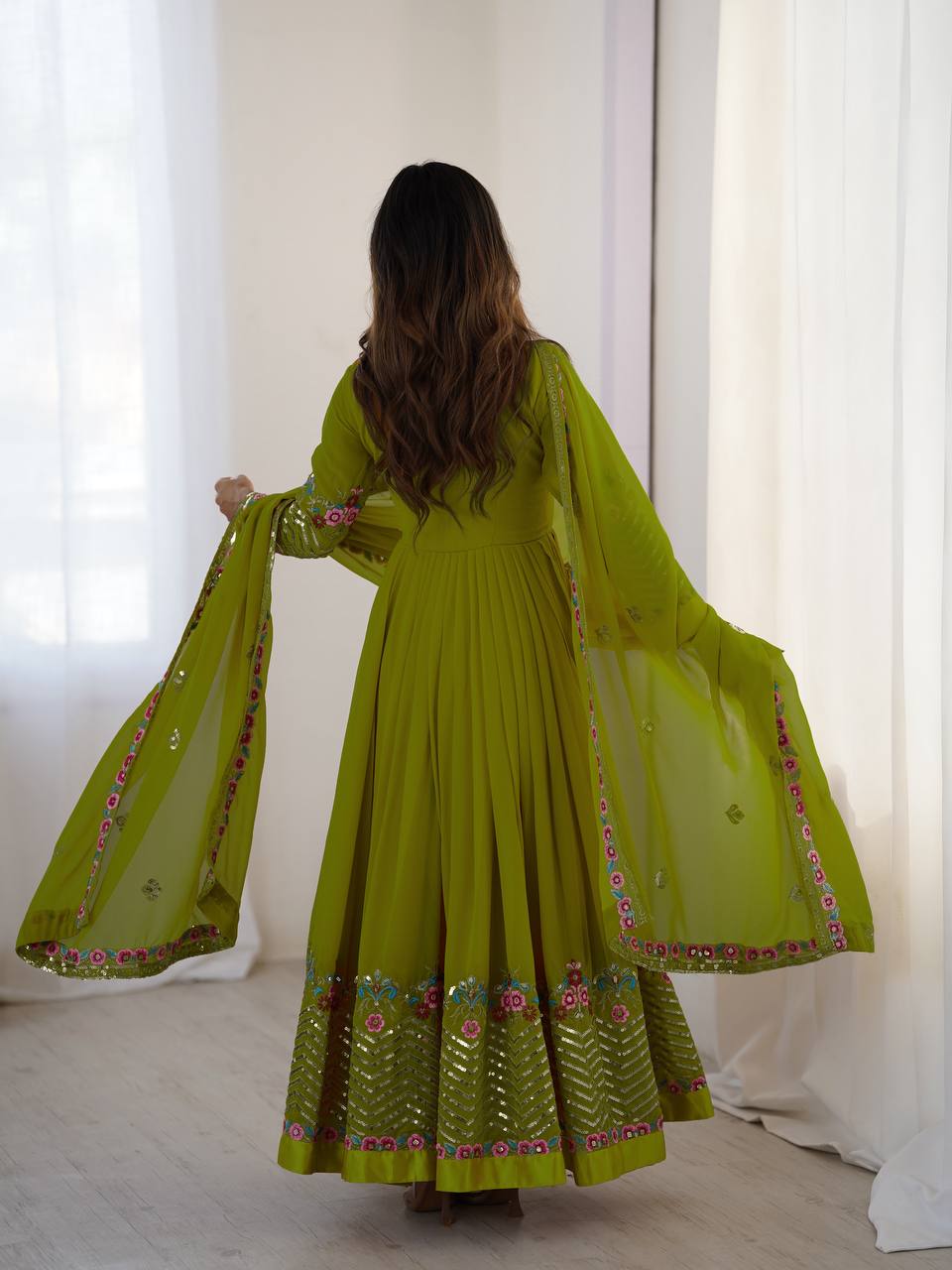Mehndi heavy georgette embroidered sequence anarkali three piece set