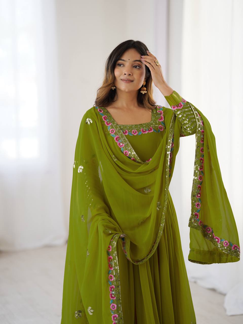 Mehndi heavy georgette embroidered sequence anarkali three piece set