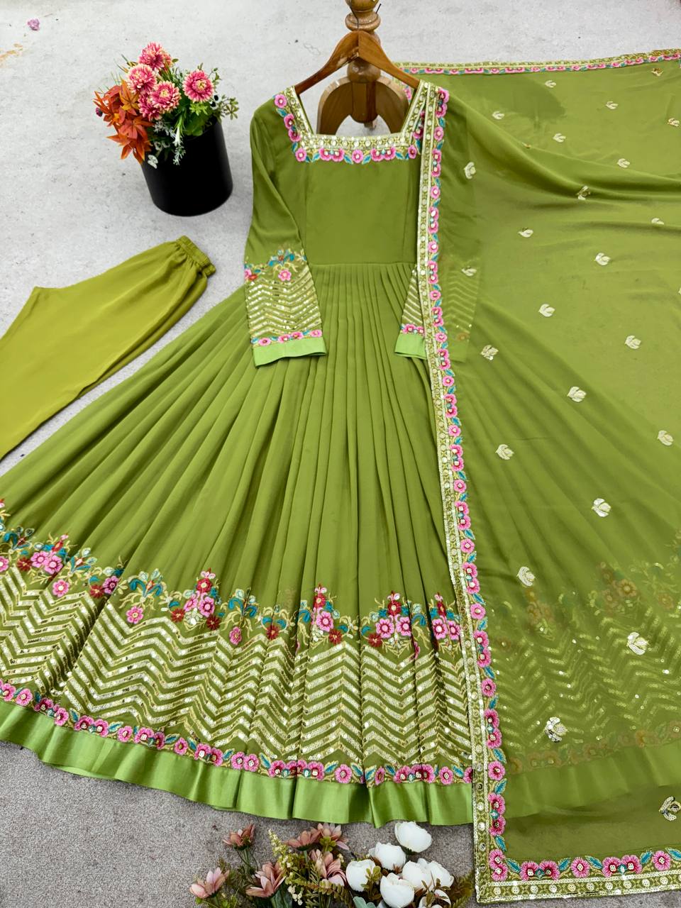 Mehndi heavy georgette embroidered sequence anarkali three piece set