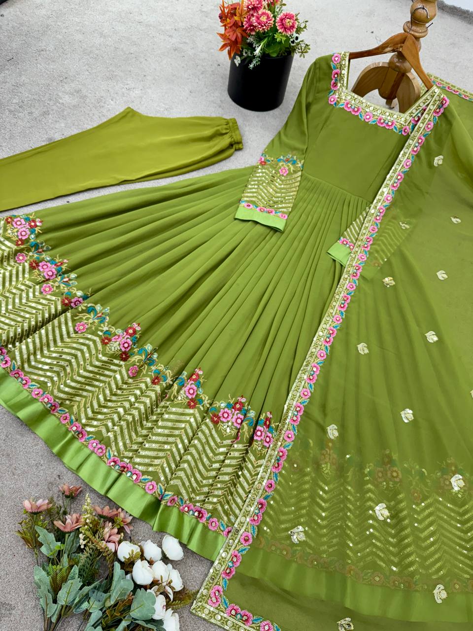 Mehndi heavy georgette embroidered sequence anarkali three piece set