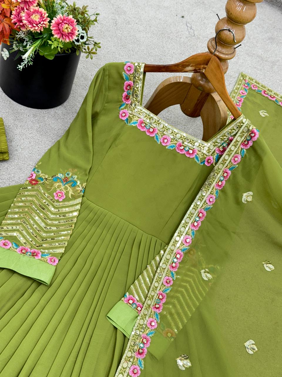 Mehndi heavy georgette embroidered sequence anarkali three piece set