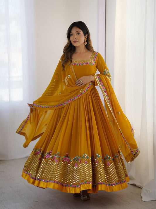 Yellow heavy georgette embroidered sequence anarkali three piece set