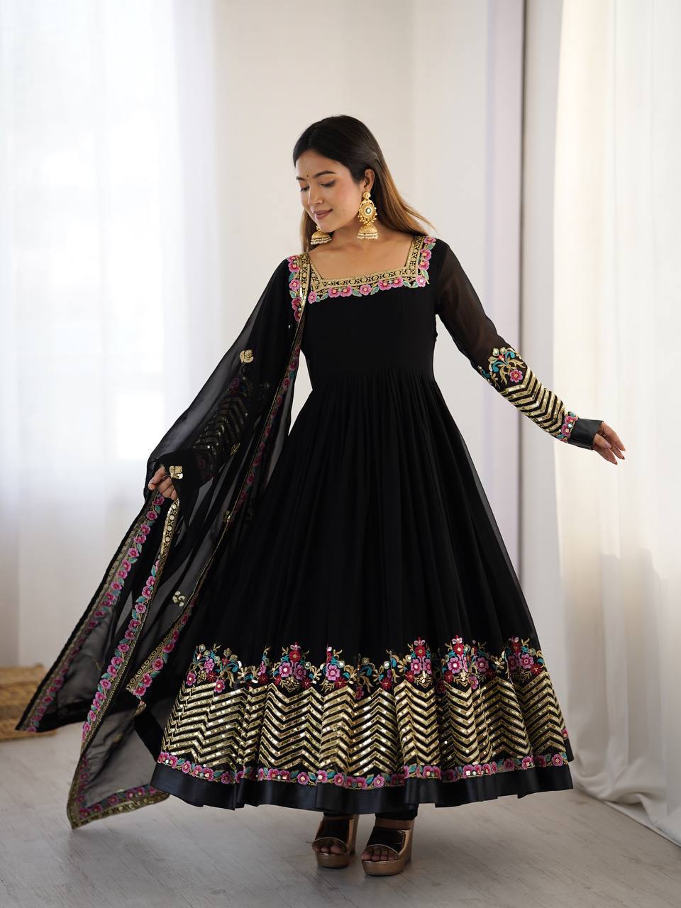 Black heavy georgette embroidered sequence anarkali three piece set