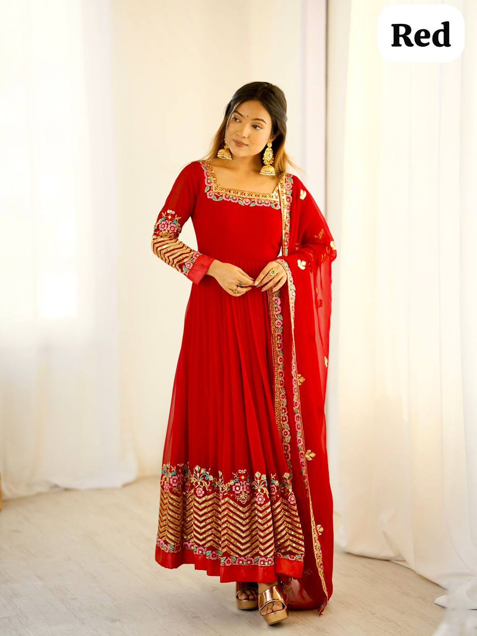 Red heavy georgette embroidered sequence anarkali three piece set