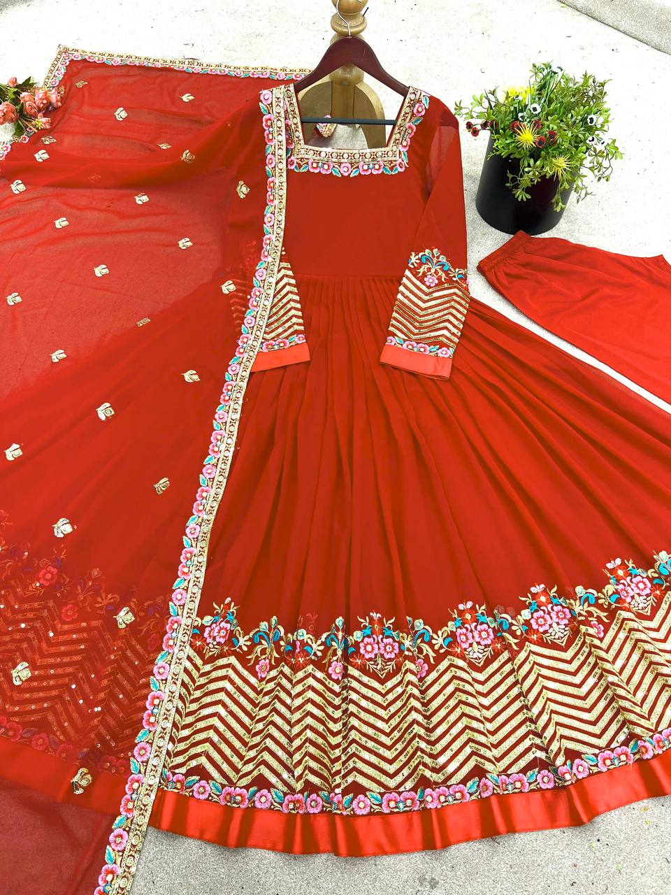 Red heavy georgette embroidered sequence anarkali three piece set