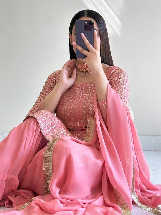 Pink fox georgette embroidery sequence party top palazzo & dupatta Set