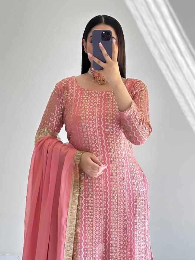 Pink fox georgette embroidery sequence party top palazzo & dupatta Set