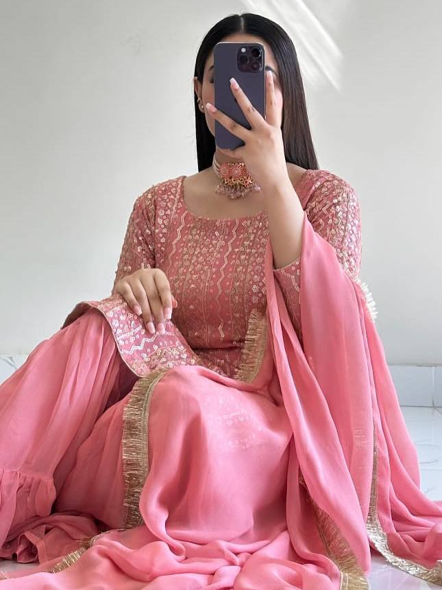 Pink fox georgette embroidery sequence party top palazzo & dupatta Set