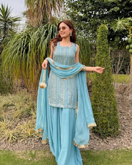 Blue fox georgette embroidery sequence party top palazzo & dupatta Set
