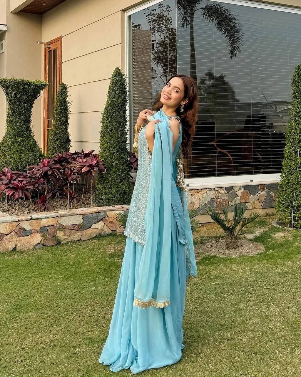 Blue fox georgette embroidery sequence party top palazzo & dupatta Set