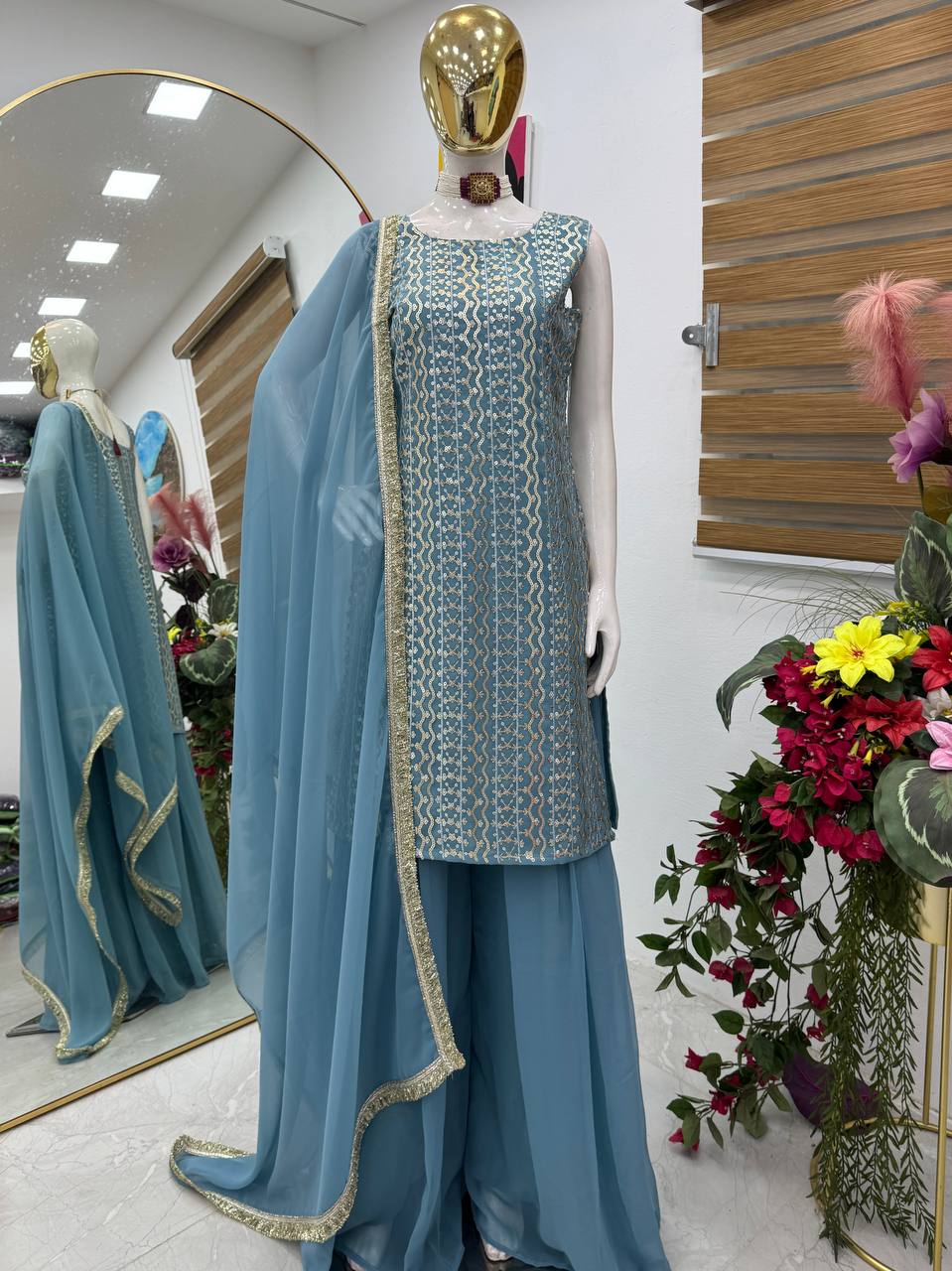 Blue fox georgette embroidery sequence party top palazzo & dupatta Set