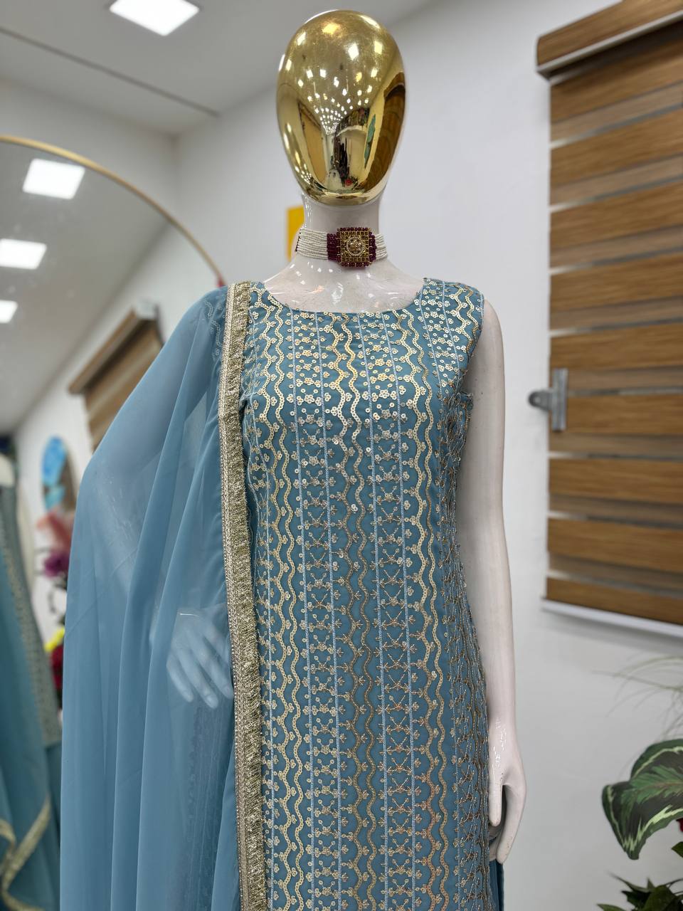 Blue fox georgette embroidery sequence party top palazzo & dupatta Set