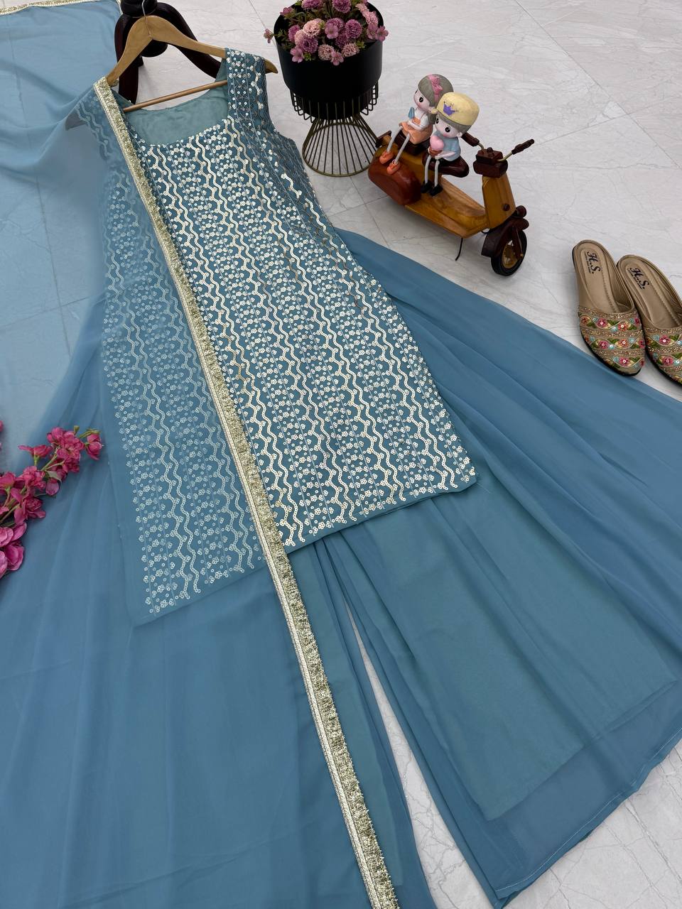 Blue fox georgette embroidery sequence party top palazzo & dupatta Set