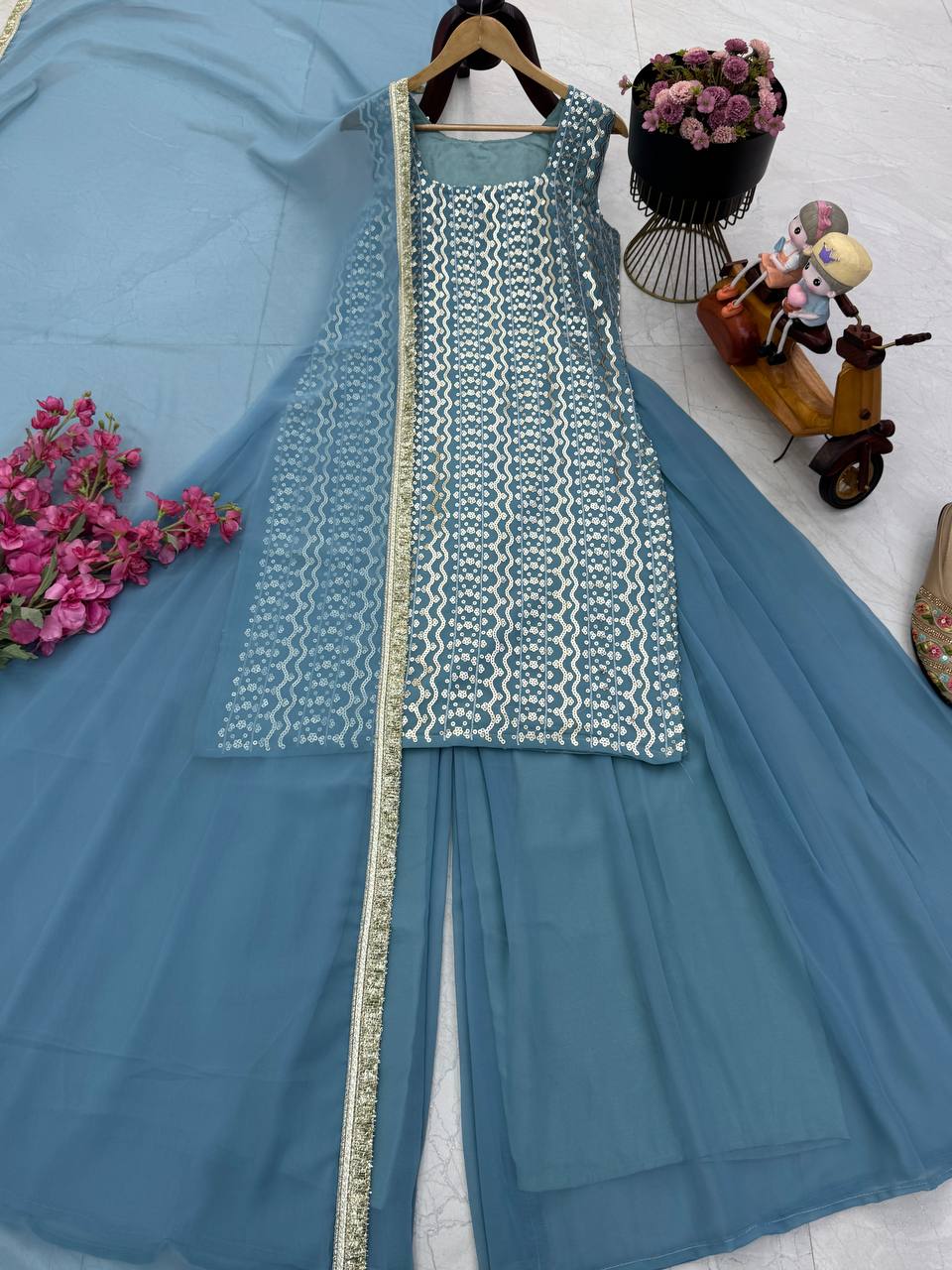 Blue fox georgette embroidery sequence party top palazzo & dupatta Set
