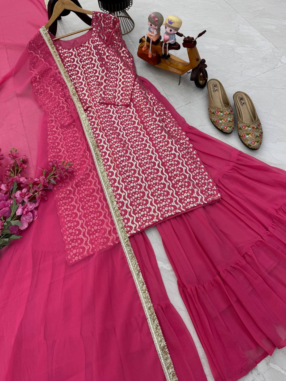Pink fox georgette embroidery sequence party top palazzo & dupatta Set