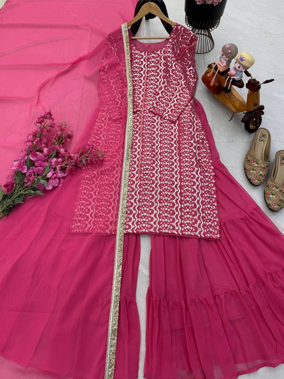 Pink fox georgette embroidery sequence party top palazzo & dupatta Set