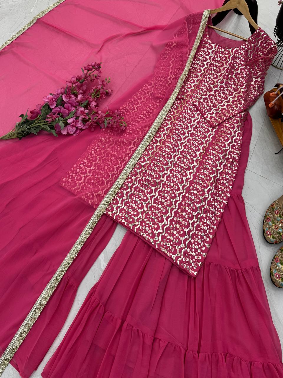 Pink fox georgette embroidery sequence party top palazzo & dupatta Set