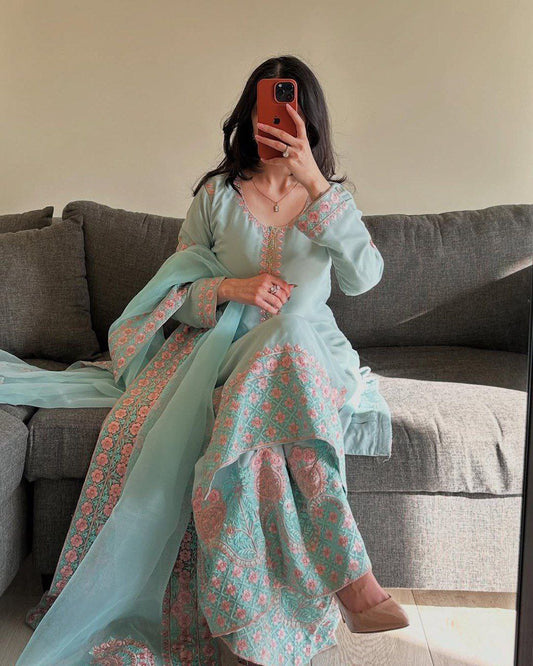 Blue fox georgette embroidery party wear top palazzo & dupatta set