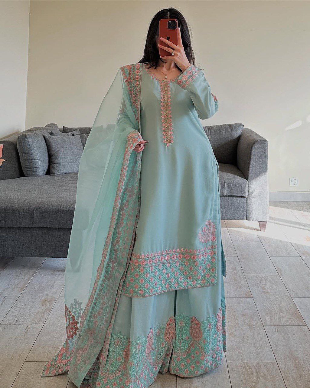 Blue fox georgette embroidery party wear top palazzo & dupatta set