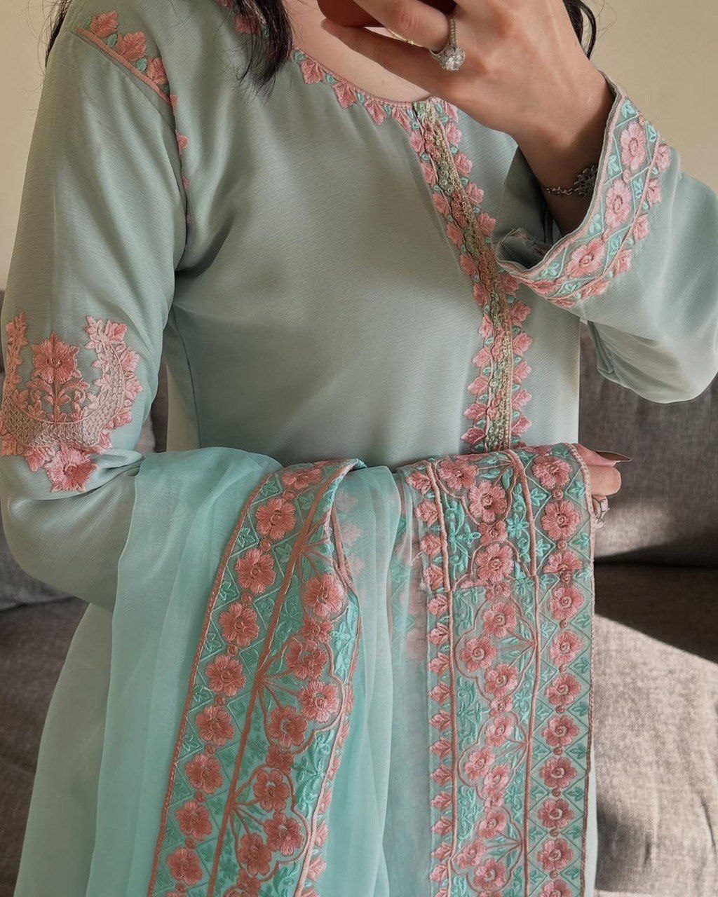 Blue fox georgette embroidery party wear top palazzo & dupatta set