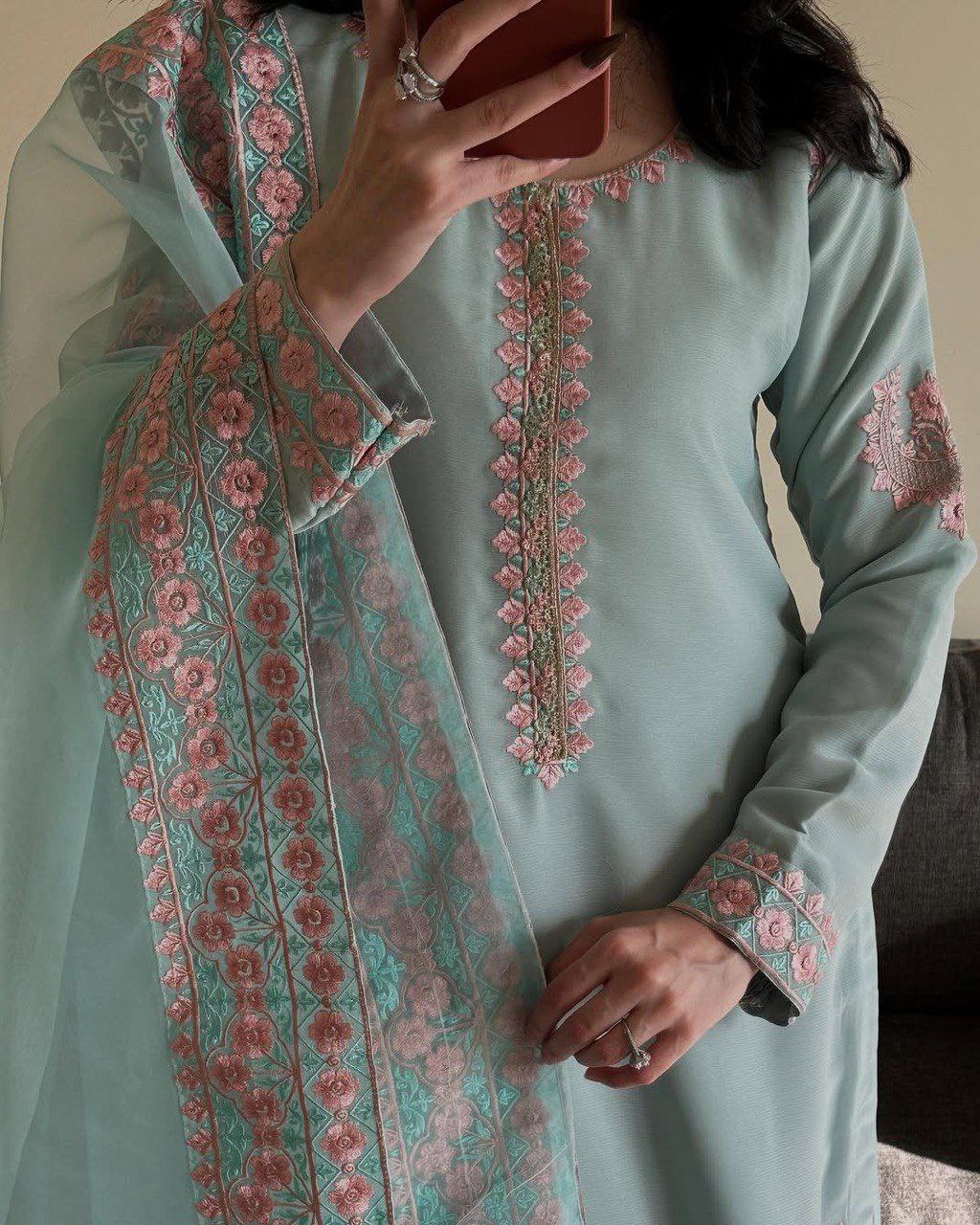 Blue fox georgette embroidery party wear top palazzo & dupatta set