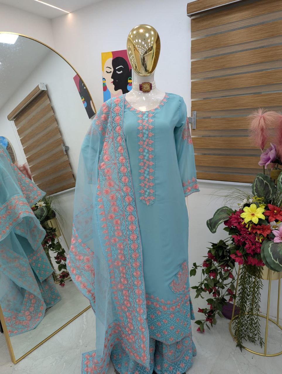 Blue fox georgette embroidery party wear top palazzo & dupatta set