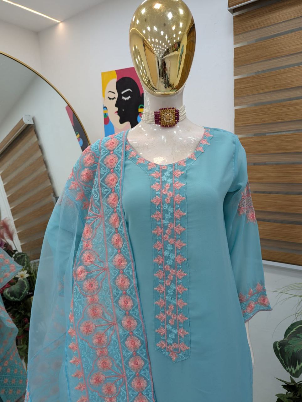 Blue fox georgette embroidery party wear top palazzo & dupatta set