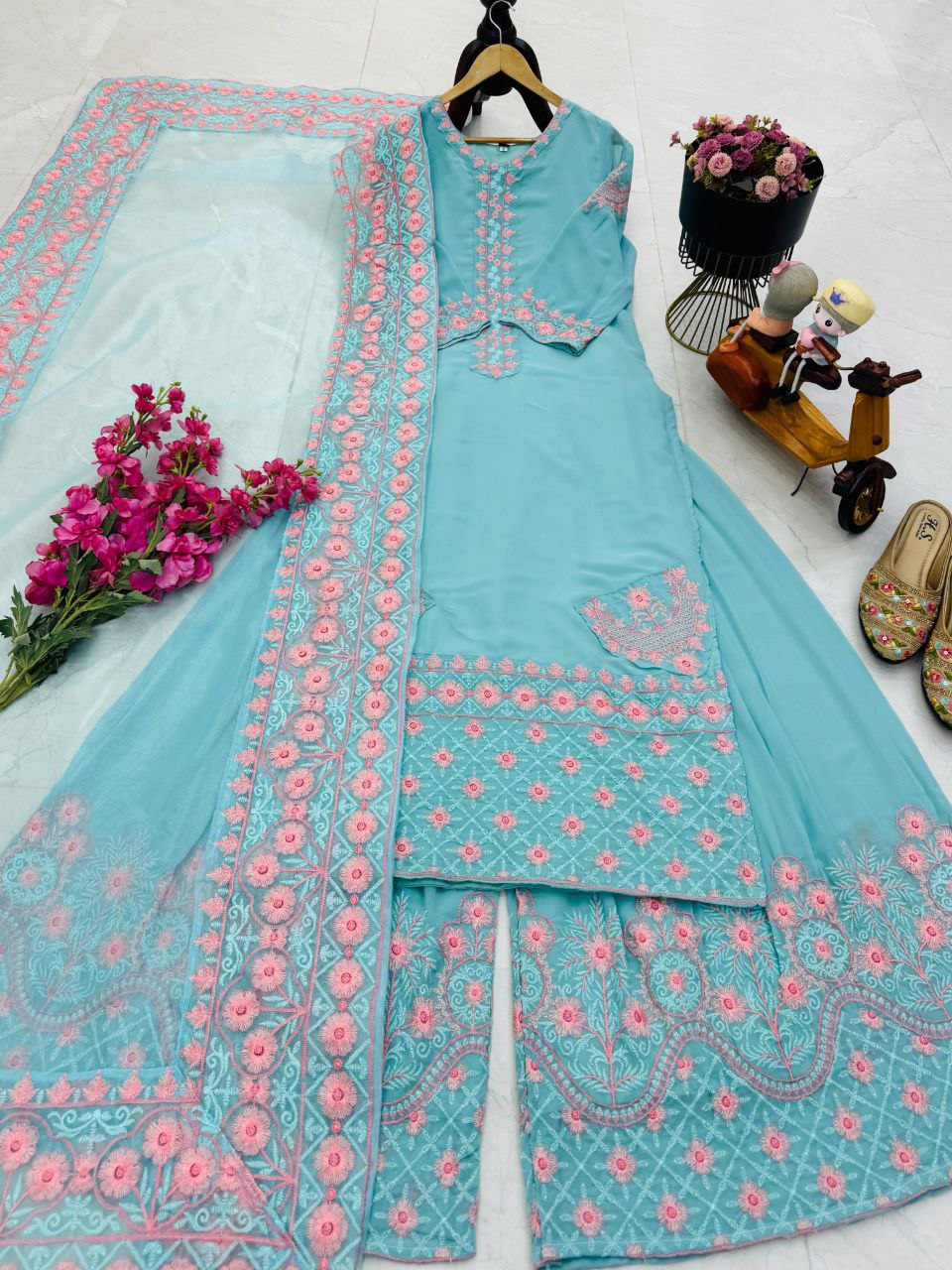 Blue fox georgette embroidery party wear top palazzo & dupatta set