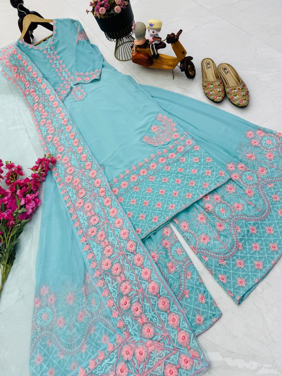 Blue fox georgette embroidery party wear top palazzo & dupatta set