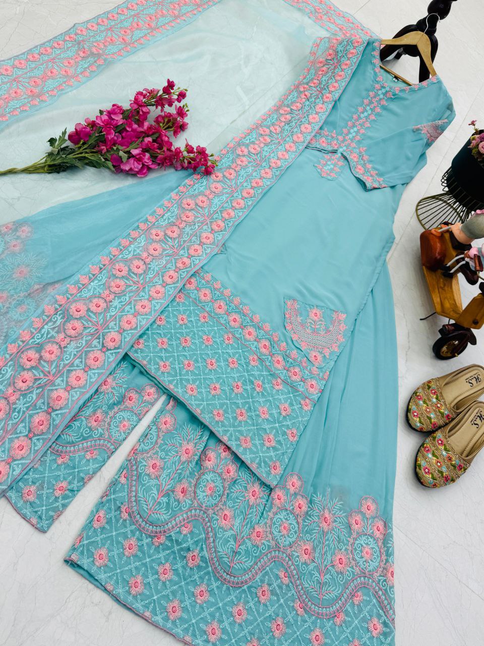 Blue fox georgette embroidery party wear top palazzo & dupatta set