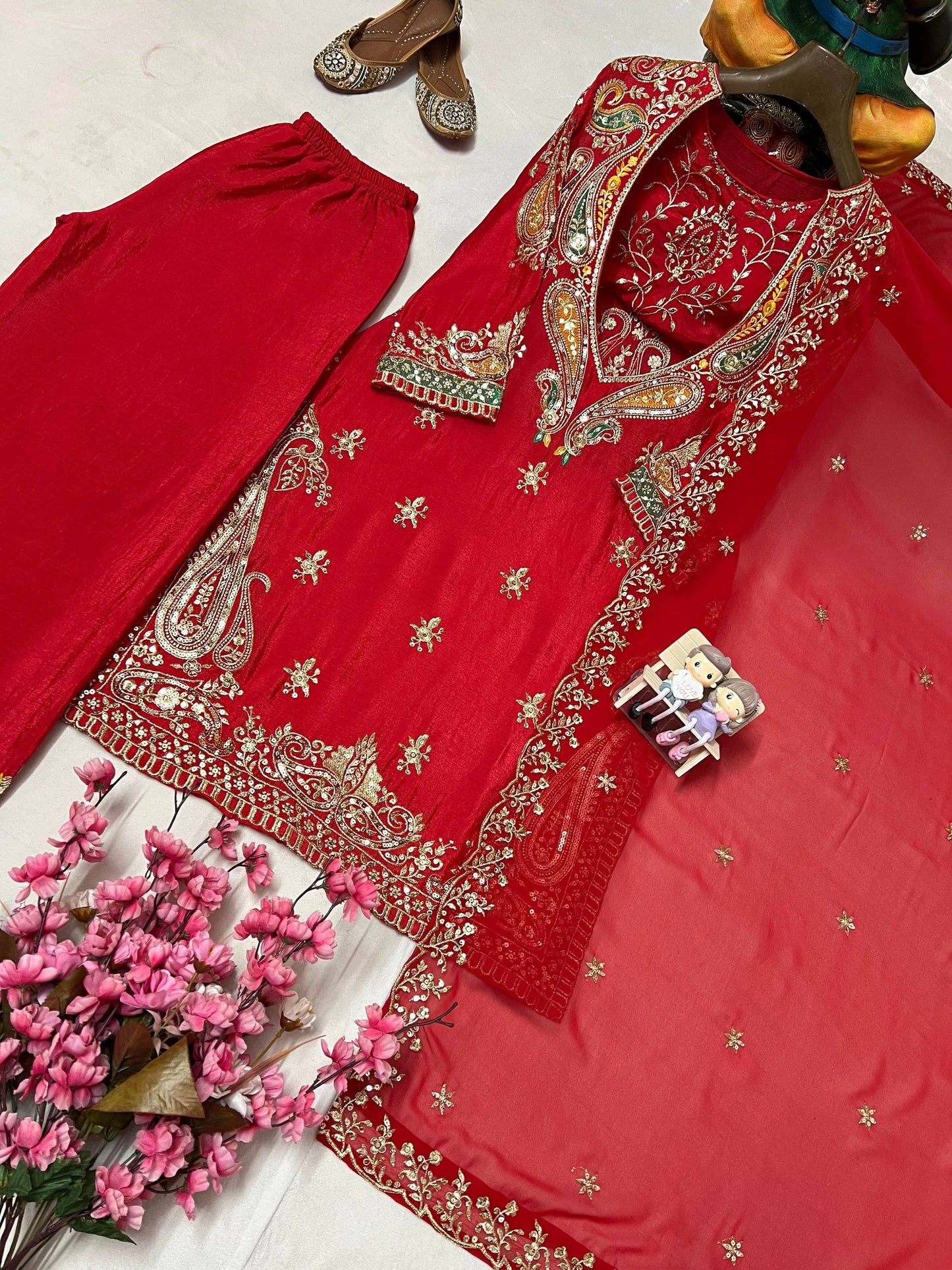 Rani chinon sequins embroidery work kurti-pant & blouse and dupatta set