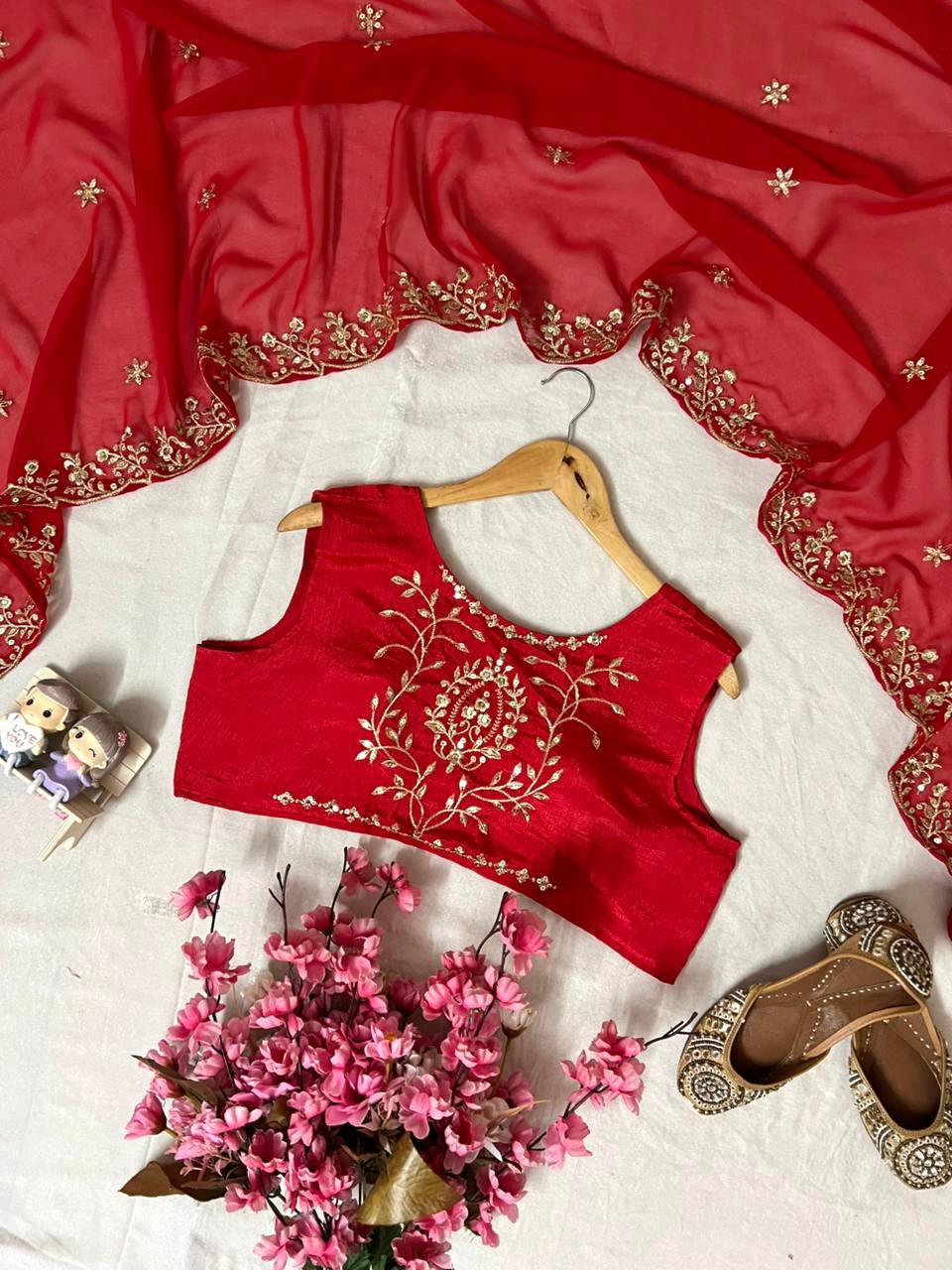 Rani chinon sequins embroidery work kurti-pant & blouse and dupatta set
