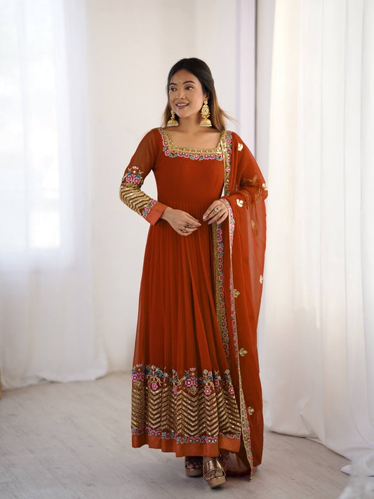 Orange heavy georgette embroidered sequence anarkali three piece set