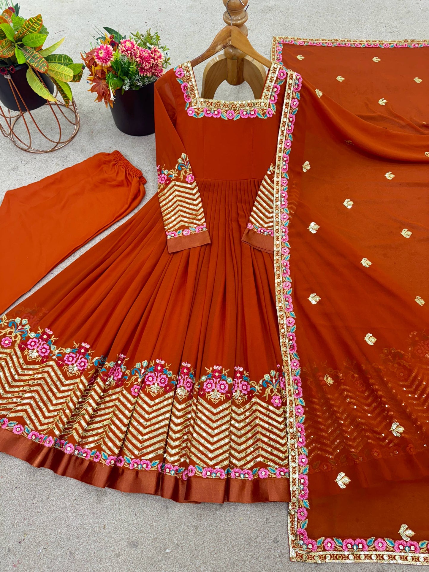 Orange heavy georgette embroidered sequence anarkali three piece set