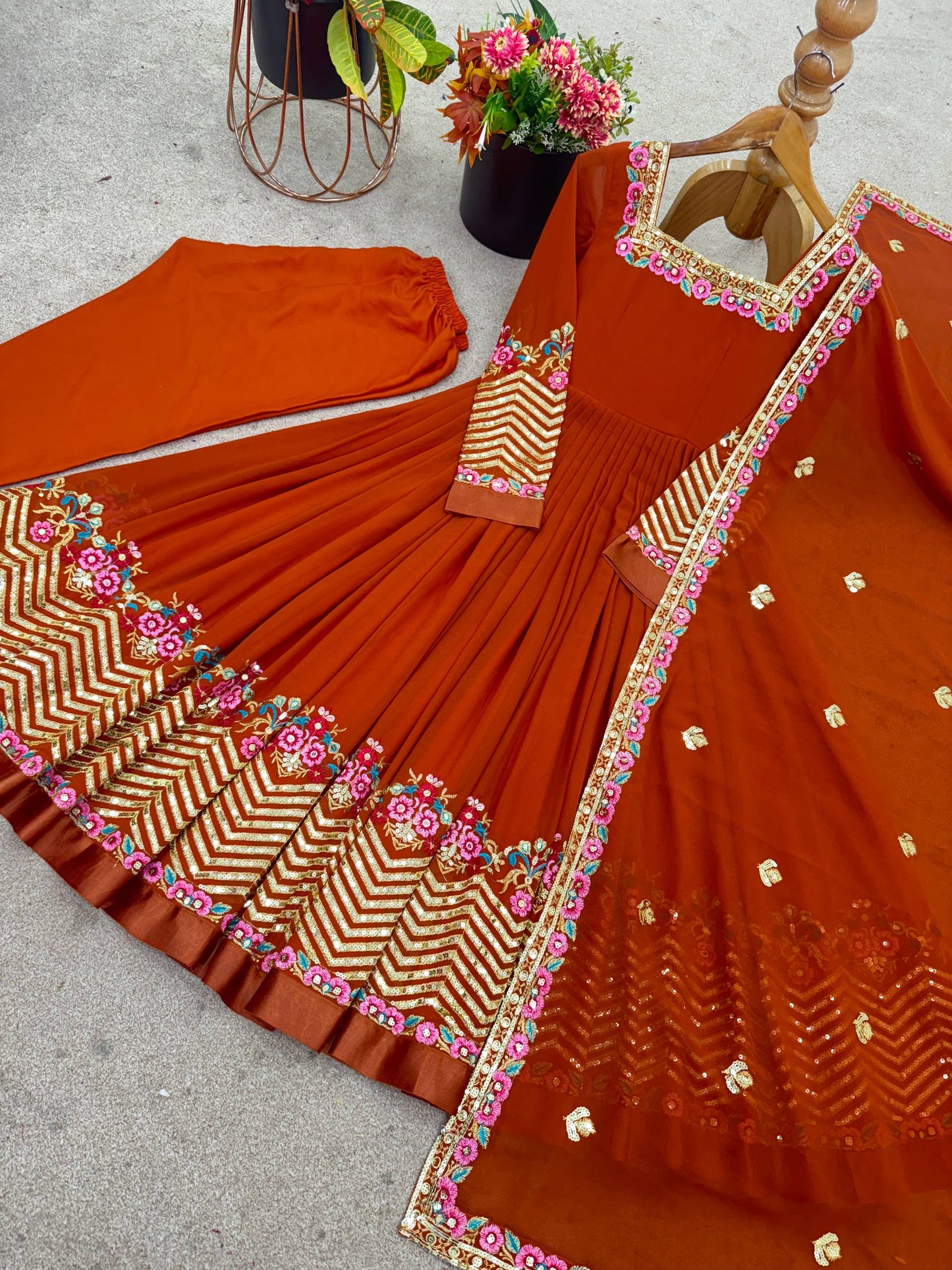 Orange heavy georgette embroidered sequence anarkali three piece set