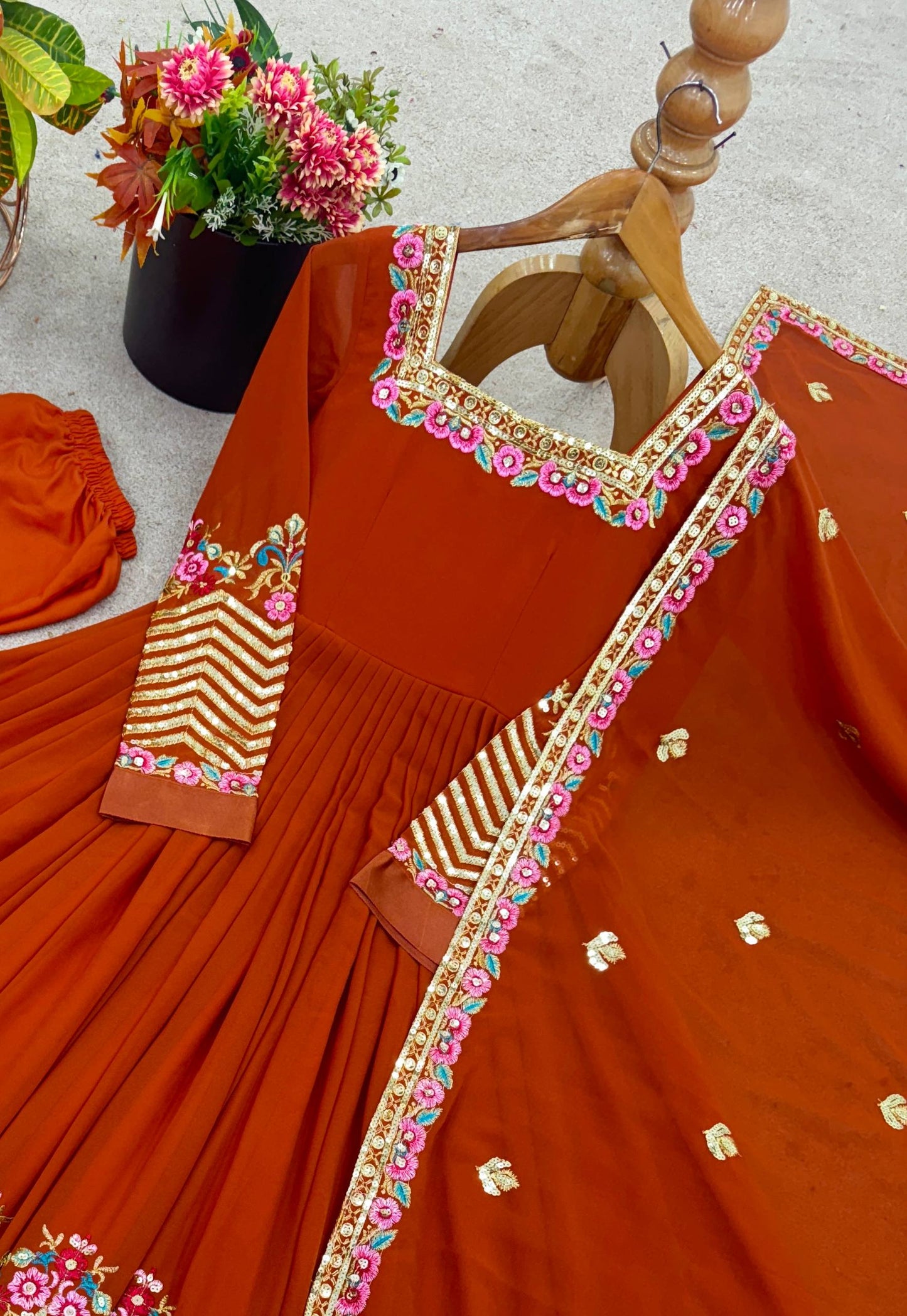 Orange heavy georgette embroidered sequence anarkali three piece set