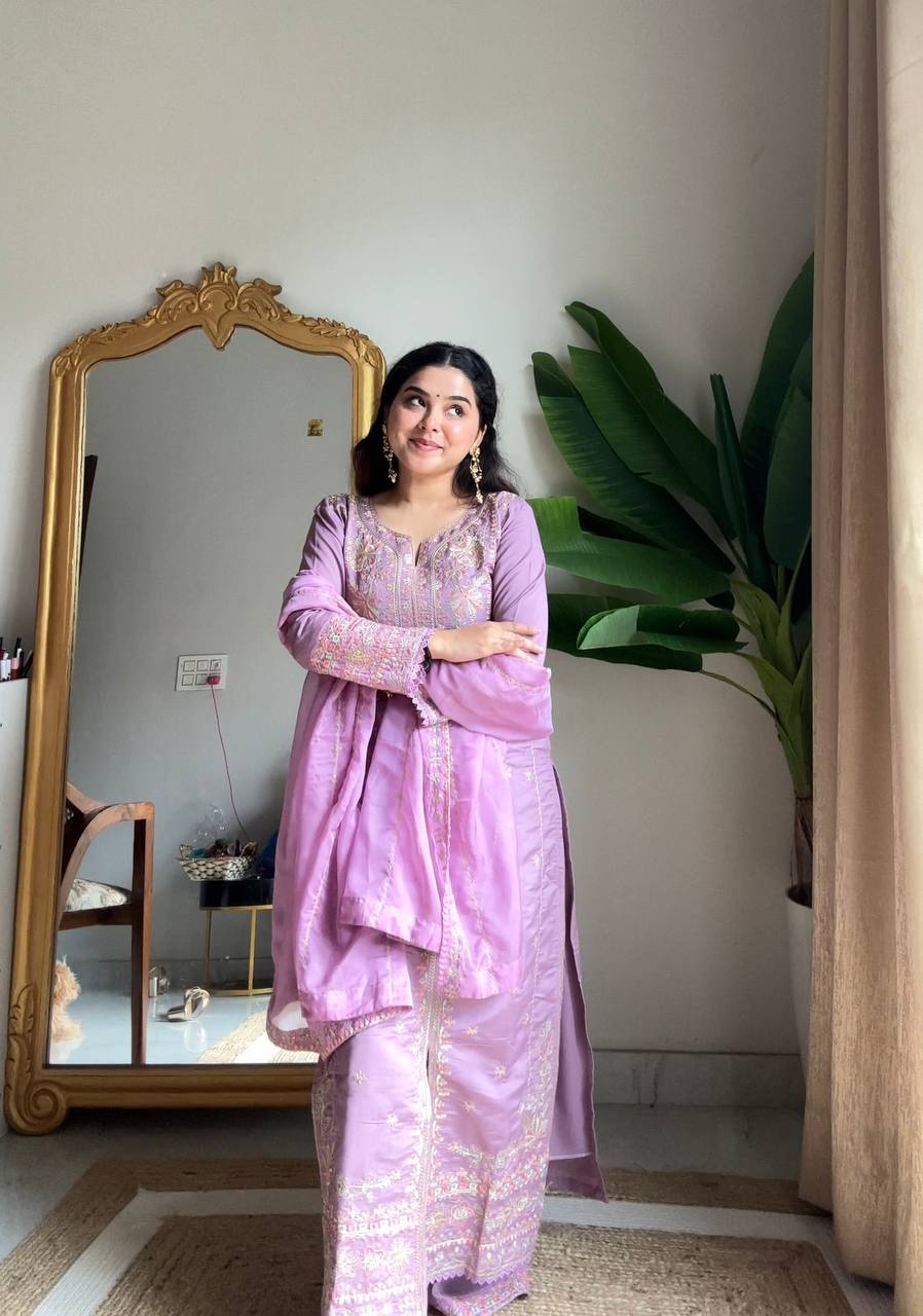 Light purple roman silk sequence embroidery work kurti-palazzo and dupatta set