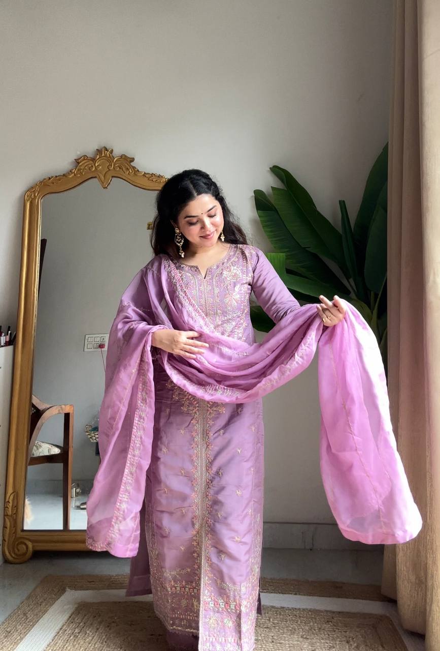 Light purple roman silk sequence embroidery work kurti-palazzo and dupatta set