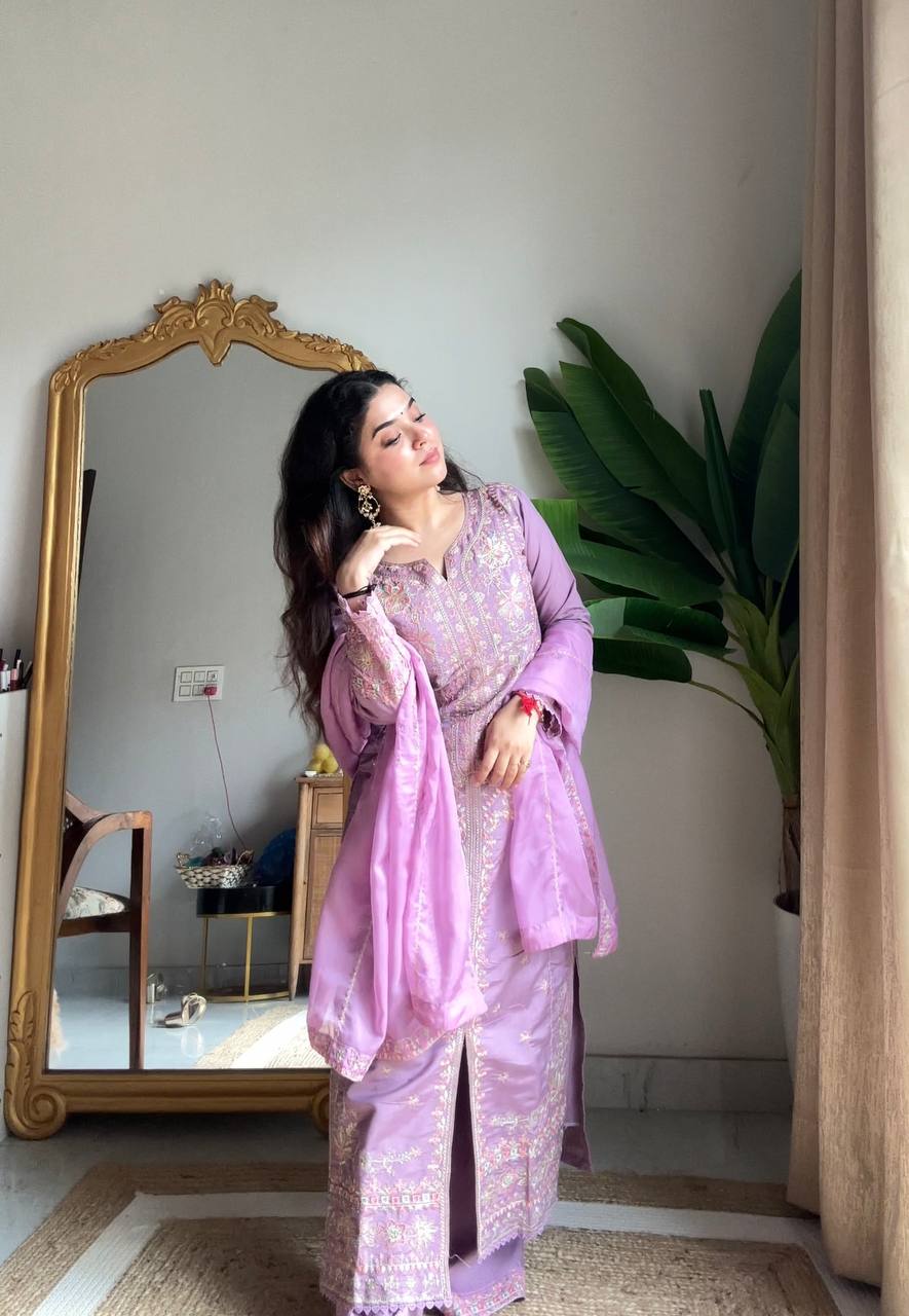 Light purple roman silk sequence embroidery work kurti-palazzo and dupatta set