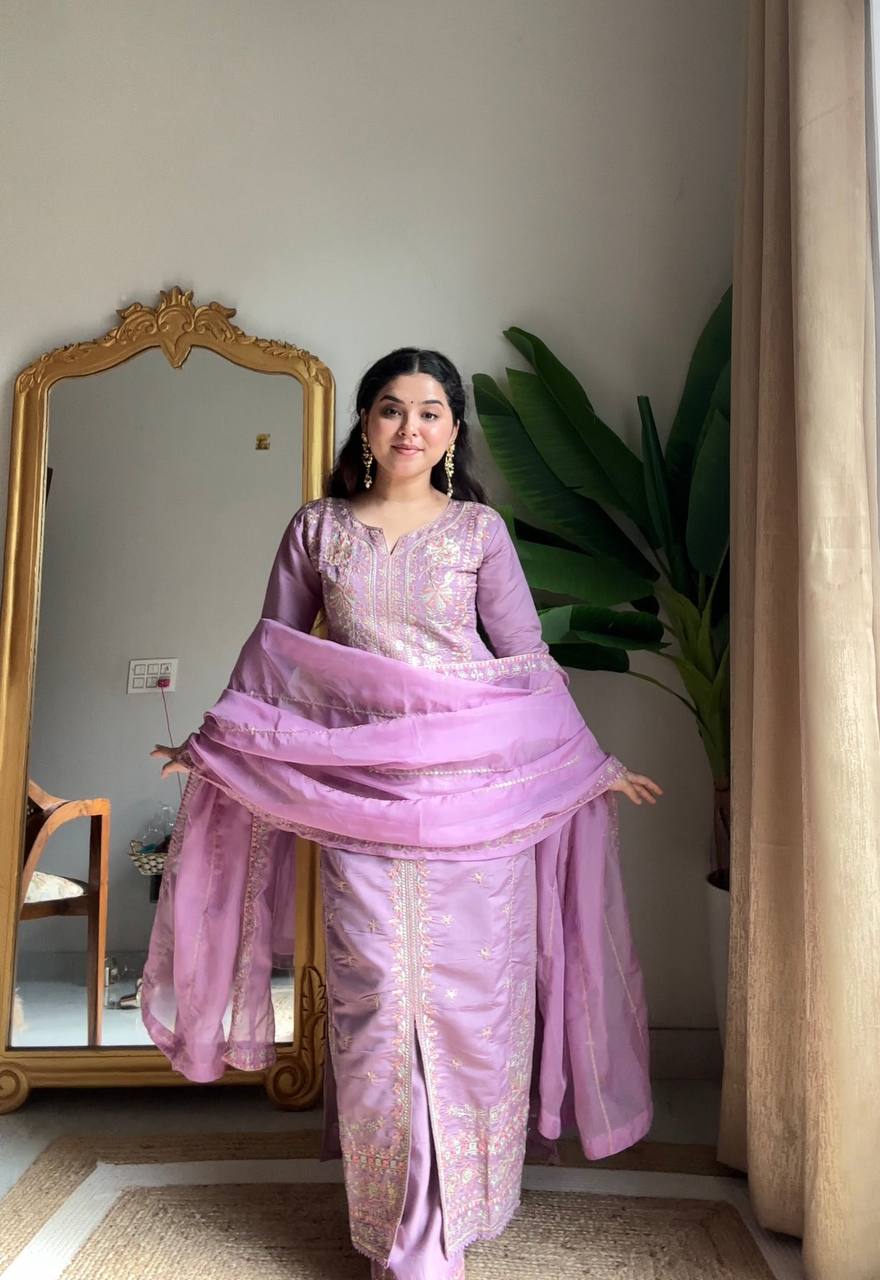 Light purple roman silk sequence embroidery work kurti-palazzo and dupatta set