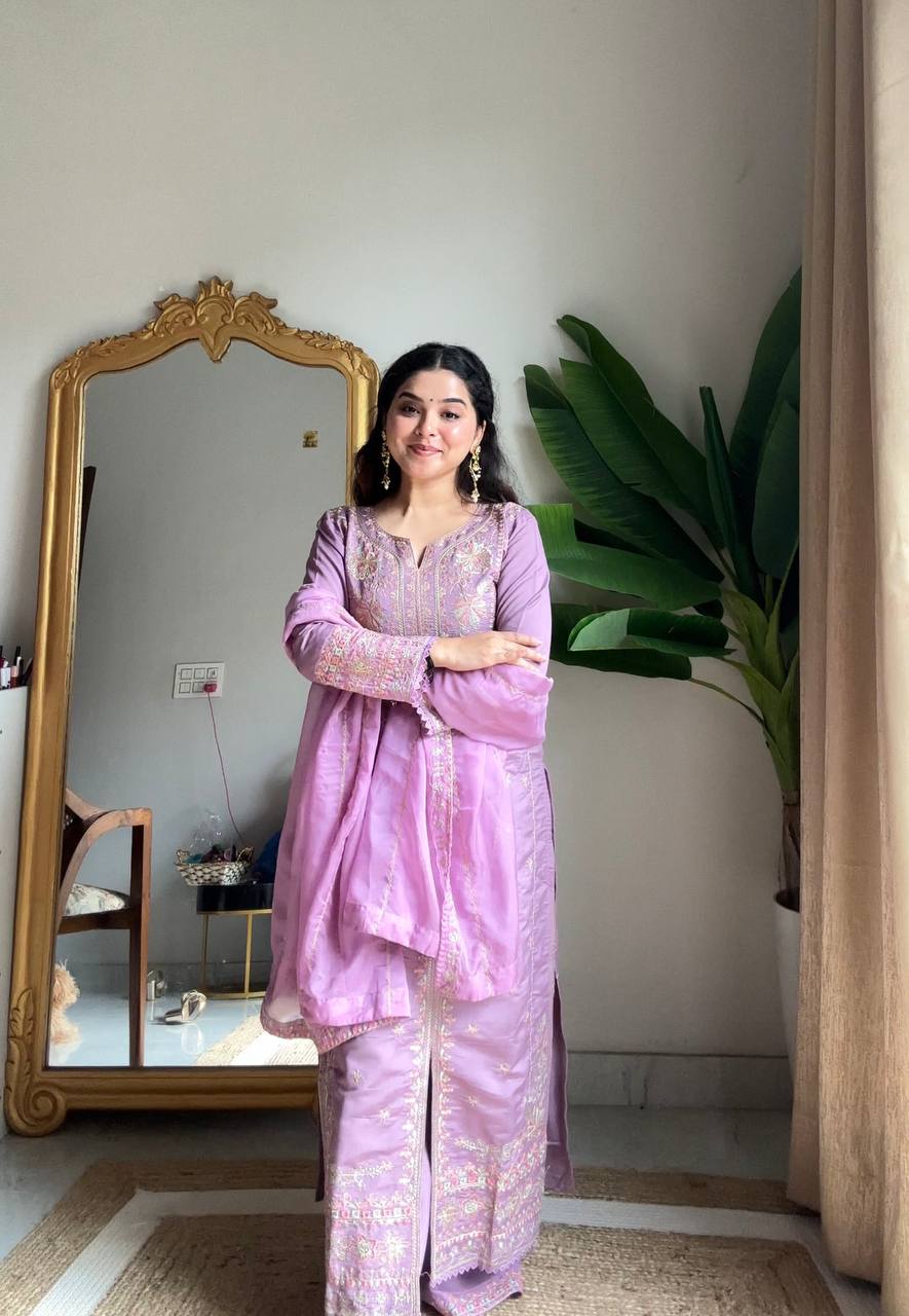 Light purple roman silk sequence embroidery work kurti-palazzo and dupatta set
