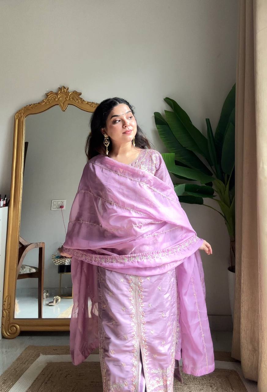 Light purple roman silk sequence embroidery work kurti-palazzo and dupatta set